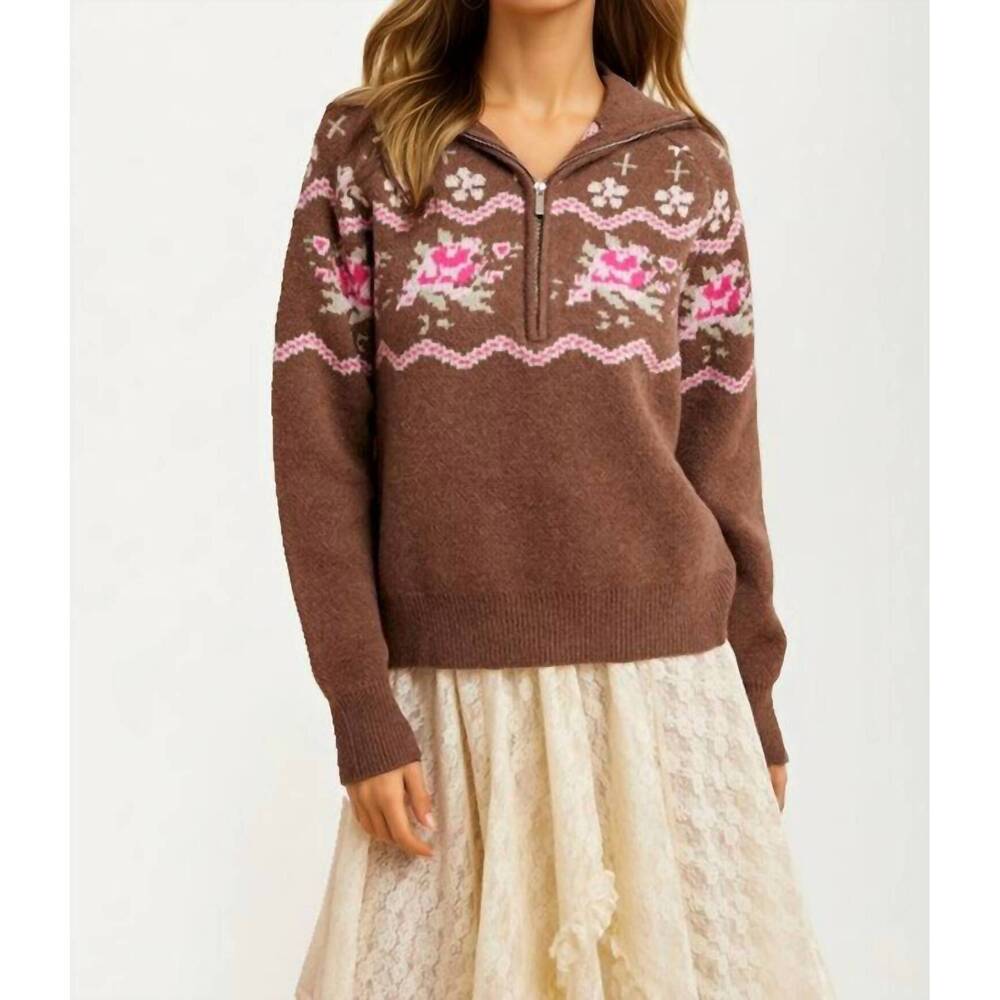 NEW KNIT & LOUNGE half-zip sweater with floral fair isle pattern in mocha blosso